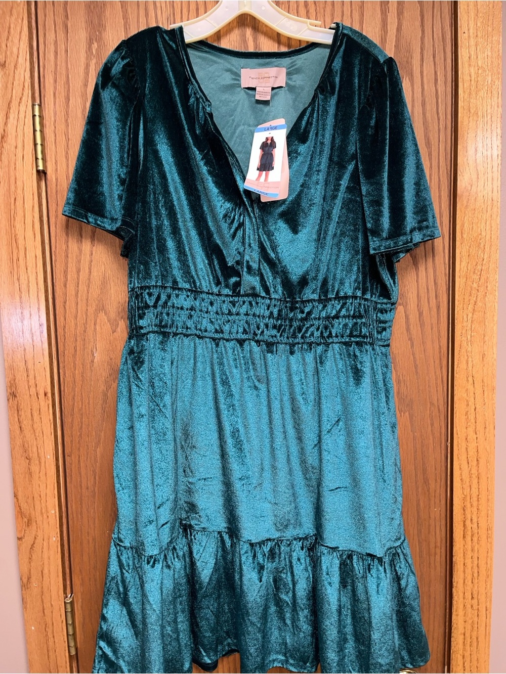 French Connection Emerald Teal Velvet Tiered Dress with Pockets